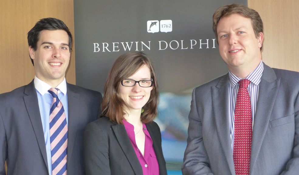 James Osborne and Kelly Harkins with Tim Walker, Head of Office Brewin Dolphin Exeter