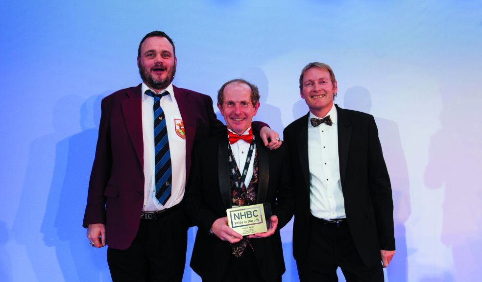 Al Murray – aka. “The Pub Landlord and Mike Quinton, NHBC Chief Executive present Steve Walker of C G Fry & Son with his award
