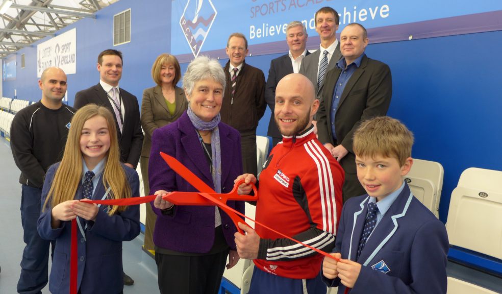 Front Row: Brooke Coldwell (age 12 - runs cross country for Devon, part of the gifted and talented group) / Jane English (Principal of PCSA) / Peter Waterfield (Olympic Silver Medallist) / Herbie Sage (age 11 - part of the table tennis scholarship team and the gifted and talented group) Back Row: Jay Carter (Community Use Manager PCSA) / David Carpenter (Director of Sport and Associate Principal) / Sara Livesey (Chair of Governors) / Tim Williams (Aecom) / Mark Coton and Paul Yandall (Haldons Ltd.) / Mark Lennox (SML Contracts). Photo: Glen King.