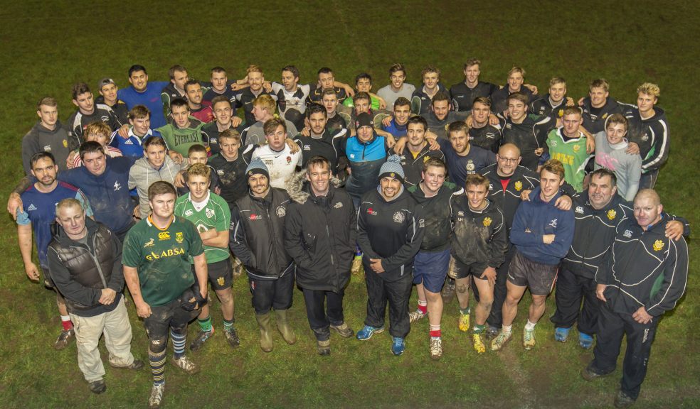 Photographs by Bruce Thomas of Image Creation: Centre Phil Dollman (Exeter Chief) / Sean Priestly (Associate Director Brewin Dolphin) / Ben Moon (Exeter Chief) with the Sidmouth Rugby Football Club