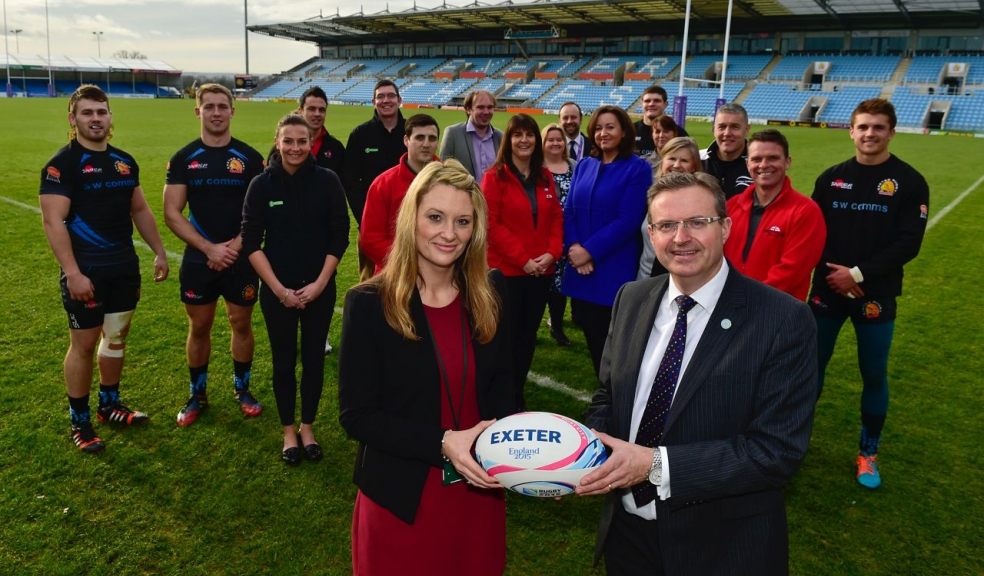 Cath White, of Exeter City Council, and Mark Shepherd, of the Exeter and Heart of Devon Employment and Skills Board, join Exeter Chiefs and other partners for the launch of the Rugby World Cup Exeter Legacy Project.