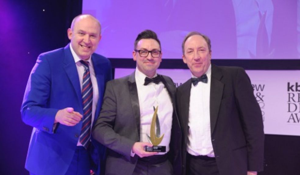 Host Tim Vine winner David Aspinall from Sapphire Spaces Roca and Laufen managing director Alan Dodds