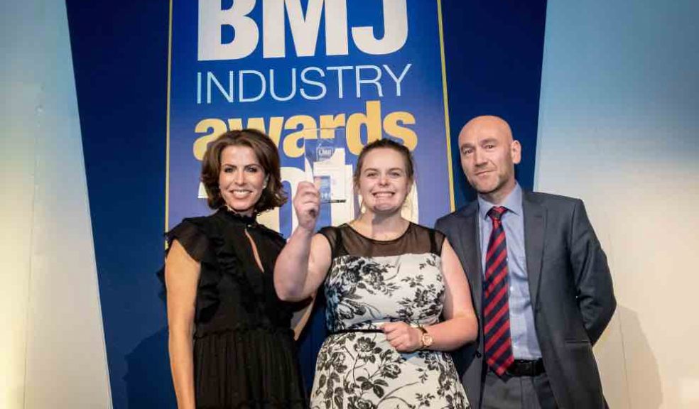  Sarah Daniel from RGB Building Supplies receiving the Independent Rising Star of the Year Award at the BMJ Industry Awards. From LtoR: Natasha Kaplinsky OBE, Sarah Daniel, and a representative from H+H which sponsored the award.