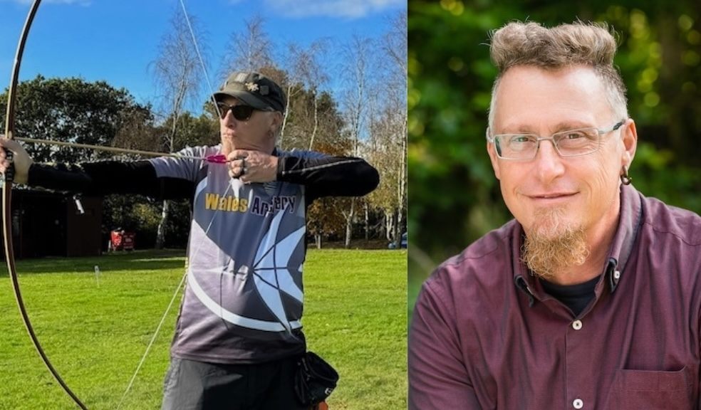 Composite. Left: Scott Williams takes aim with bow and arrow. Right: headshot of Scott.
