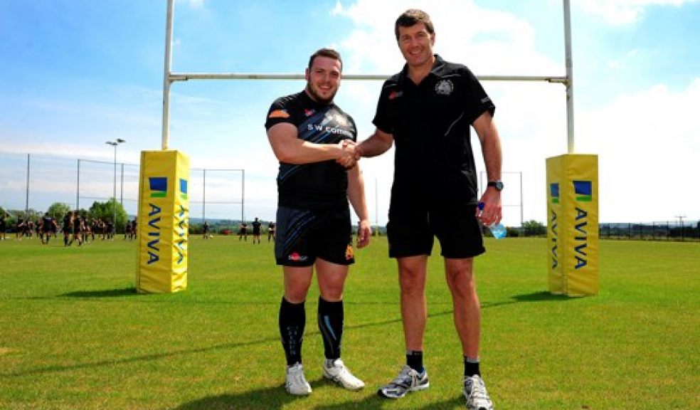 Rob Baxter (right) welcomes new signing Greg Bateman Photo: Courtesy of Exeter Rugby Club / Pinnacle Photo Agency