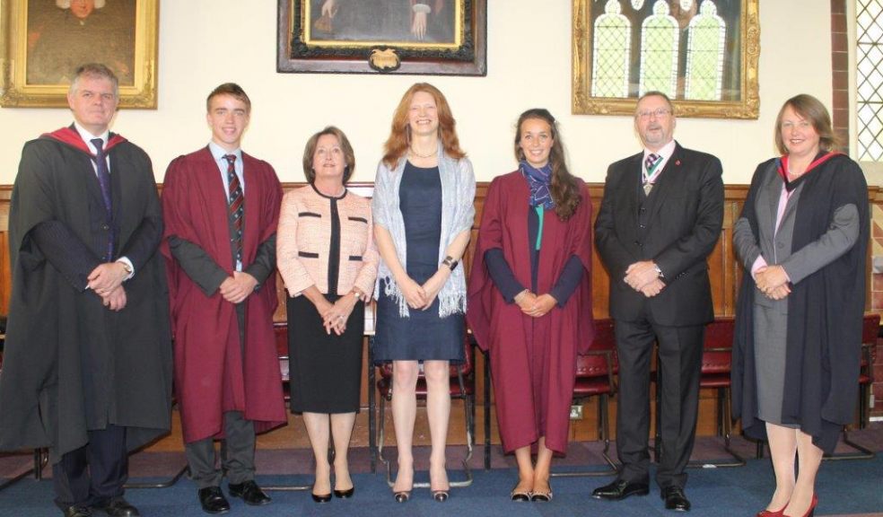 Headmaster Bob Griffin, Head Boy Marcus Hoddinott, Chairman Beverley Meeke, Guest Speaker Professor Susan J Smith, Head Girl Rosie Vercoe, Deputy Lord Mayor Councillor Rob Newby and Headmistress of Exeter Junior School Alison Turner.