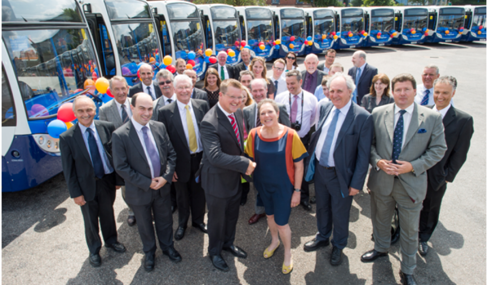 Baroness Kramer with John Hart, Devon County Council Leader; Andrew Leadbetter, Devon County Councillor Cabinet Liaison for Exeter; Wayne Pearce, Princesshay Centre Director, Land Securities; Robert Williams, Commercial Director, Stagecoach South West and Michael Watson, Managing Director, Stagecoach South West