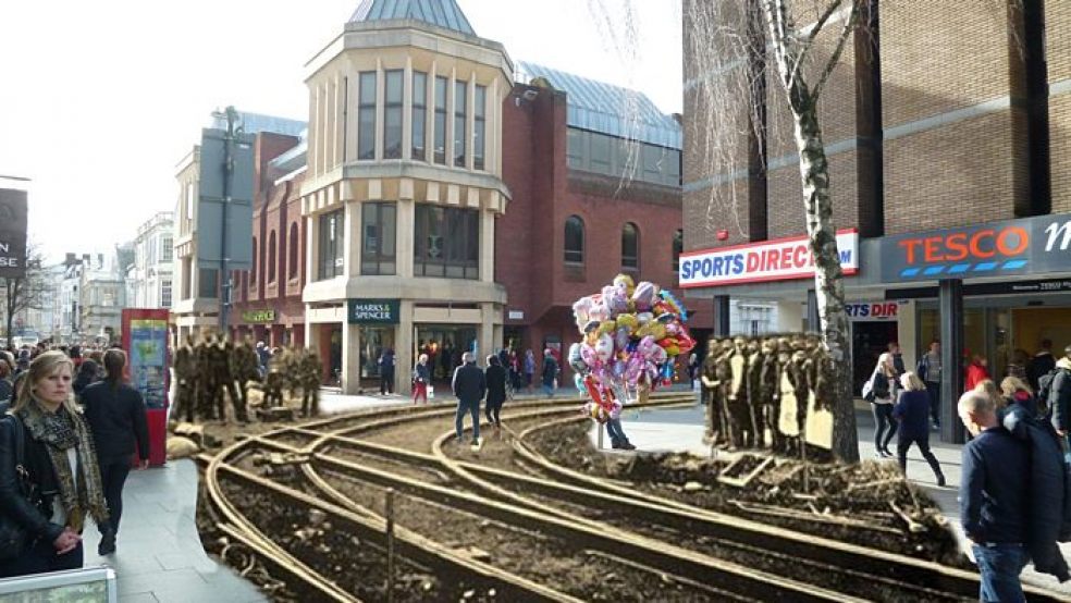 Tram tracks being laid in the High Street in 1905. Mashup Andrew Seatherton.