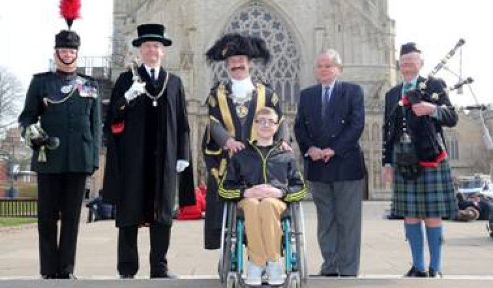 Pictured at the launch event are from left to right: Regimental Sergeant Major Devon Army Cadet Force (Music), WO1 (RSM) Tony Cox BEM, Mace Sergeant to the Lord Mayor, Mr John Davies, The Right Worshipful Lord Mayor of Exeter, Councillor Percy Prowse, ABF The Soldiers' Charity beneficiary, Sam Lemon, Concert producer, Mr Hamish Monro, City of Exeter Pipes and Drums, Mr James Robertson.