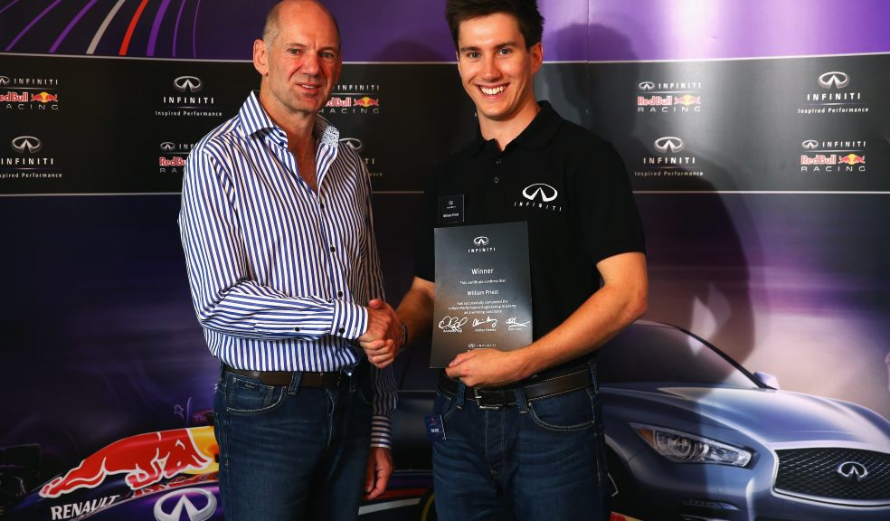 Adrian Newey, chief technical officer of the Infiniti Red Bull Racing Formula One team is pictured with William Priest during an Infiniti Performance Engineering Academy day at Infiniti Red Bull Racing on July 3, 2014 in Milton Keynes. Photo by Matthew Lewis/Getty Images