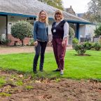 Steff Dennis and Sharon Ewart standing in Hospiscare garden that it to be returfed by HCT Turf