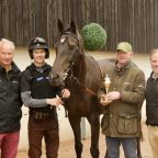 Exeter Racecourse clerk of the course Jason Loosemoore, jockey Brendan Powell, JPR One, trainer Joe Tizzard, Exeter Racecourse general manager Jack Parkinson. Photo: Exeter Racecourse.