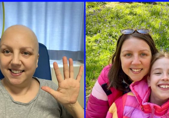 Amy Martin during treatment for breast cancer and recently with her family