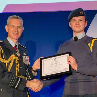 Cadet Flight Sergeant Robin Dalton receives his Flying Scholarship from Air Chief Marshal Sir Stephen Hillier at the RAF Association’s Annual Conference 