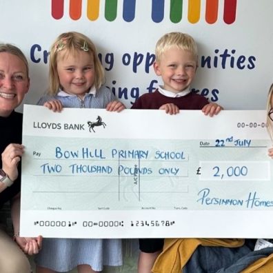 Teachers and children holding a cheque for £2000