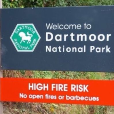 Sign saying welcome to Dartmoor and high risk fires