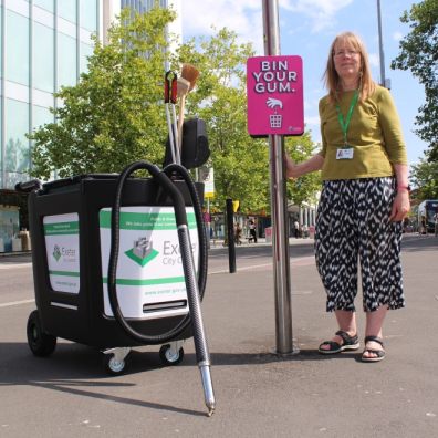 Photo: Exeter City Council. chewing gum bin it sign in Exeter city centre
