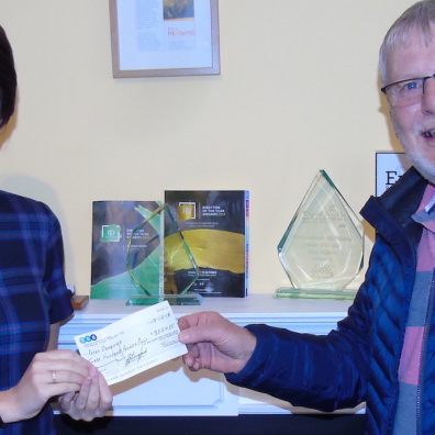 Tom Devin of the Per Mare Per Terram Masonic Lodge No 9355 presents a cheque for £300 to Pete’s Dragons project manager Kate Bedding.  