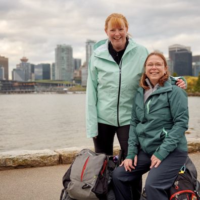 Tricia (in lighter top) and friend Cathie get ready to set off on their epic journey from Vancouver