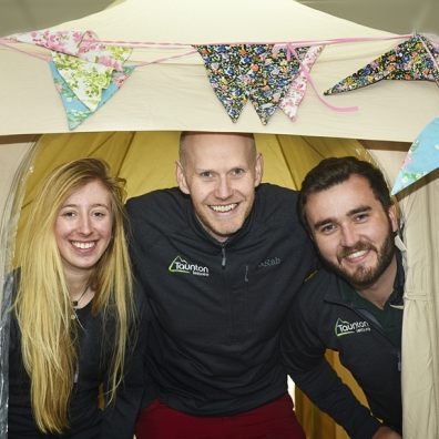 Getting ready for the free Tent Show at Westpoint, Exeter Gaby Fielding, Sales Assistant, Matt Bowen, Sales Assistant and Dom Dib-Holland, Customer Service Advisor from Taunton Leisure.