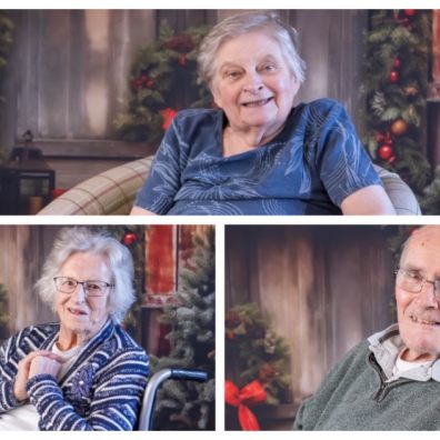 Residents Nancy (bottom left), Derek and Linda give their broadest smiles to staff
