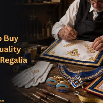 New Freemason with Masonic regalia including apron, gloves, collar, and jewel inside a Masonic lodge