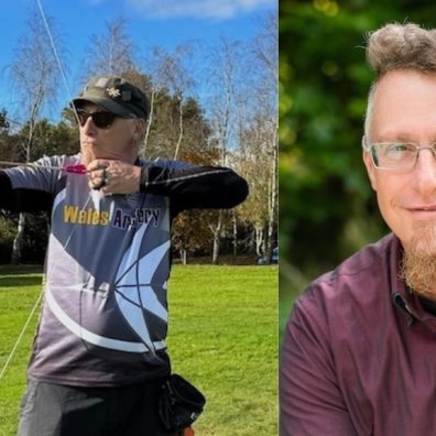 Composite. Left: Scott Williams takes aim with bow and arrow. Right: headshot of Scott.
